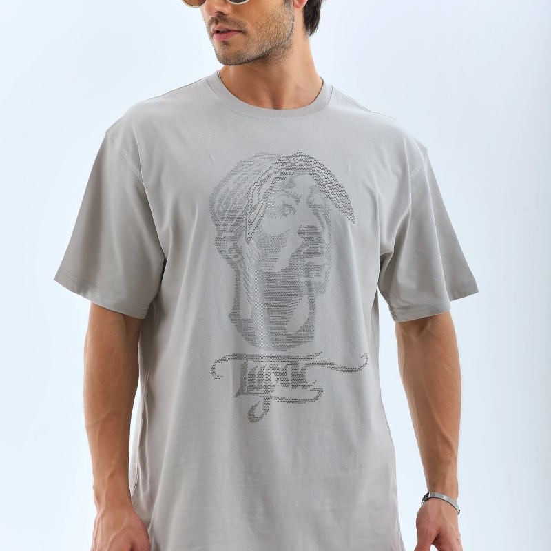 ERKEK Tişört TAŞ Detaylı Bisiklet Yaka  Kısa kol T-Shirt - Gri